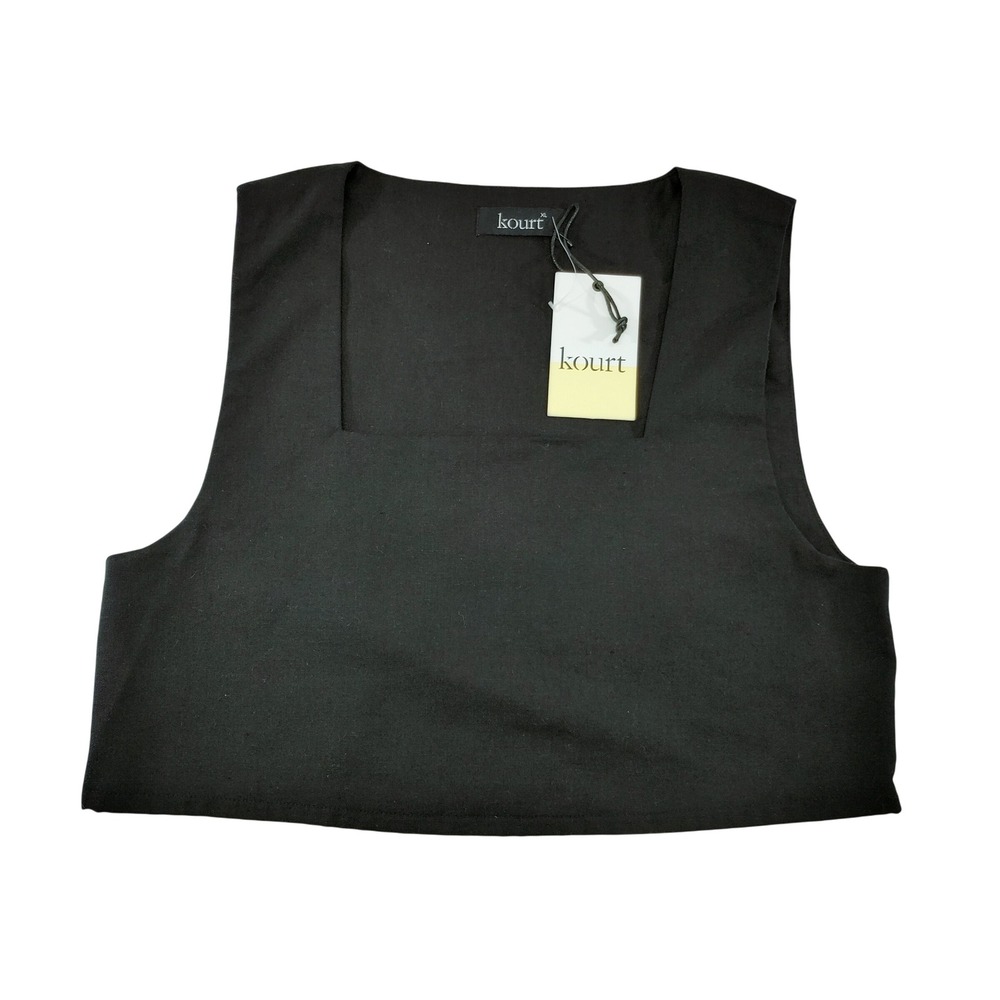 Kourt Women Crop Top XL Black Cotton Linen Blend Square Neck New